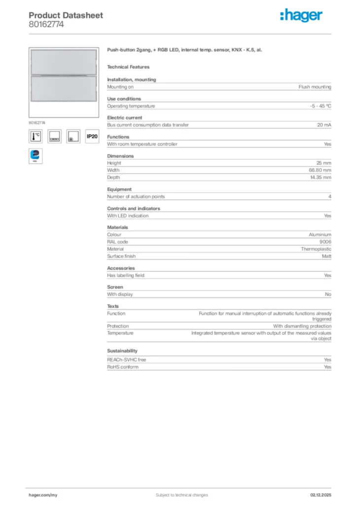 Image Hager Product data sheet 80162774  | Hager