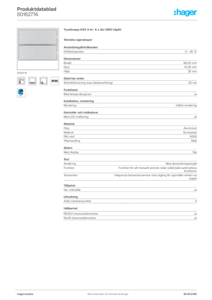 Bild Hager Produktdatablad 80162774 | Hager Sverige