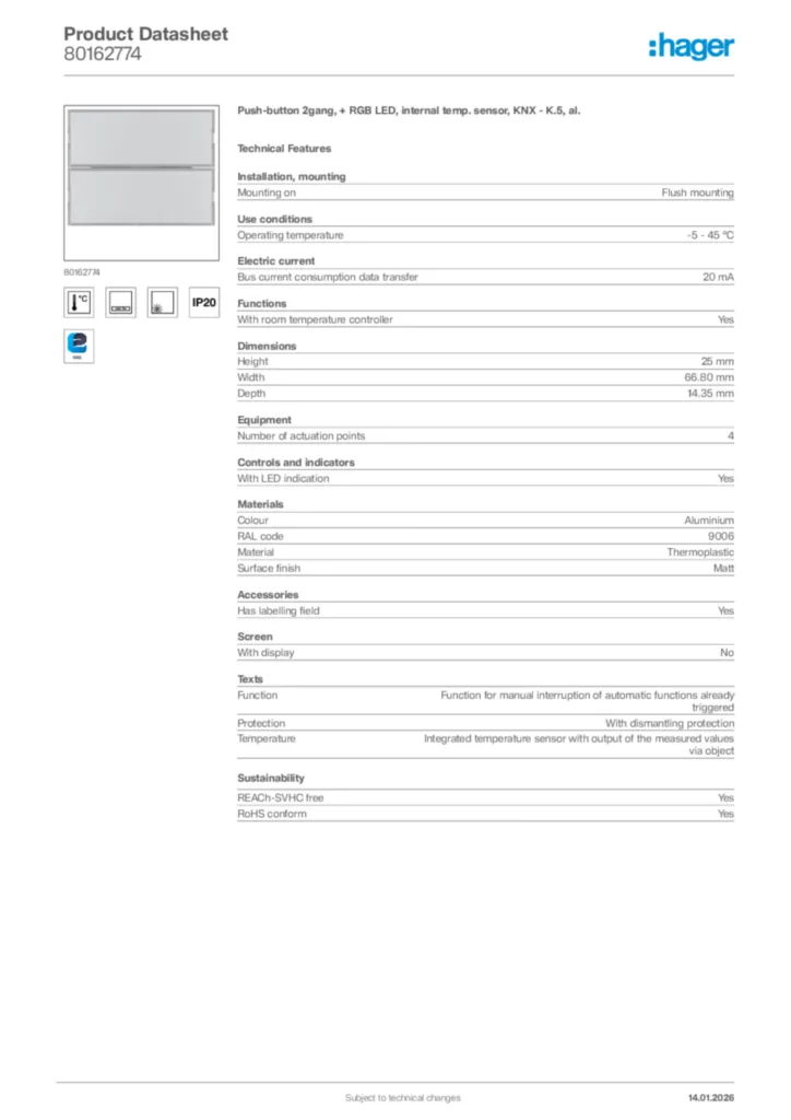 Image Hager Product data sheet 80162774  | Hager