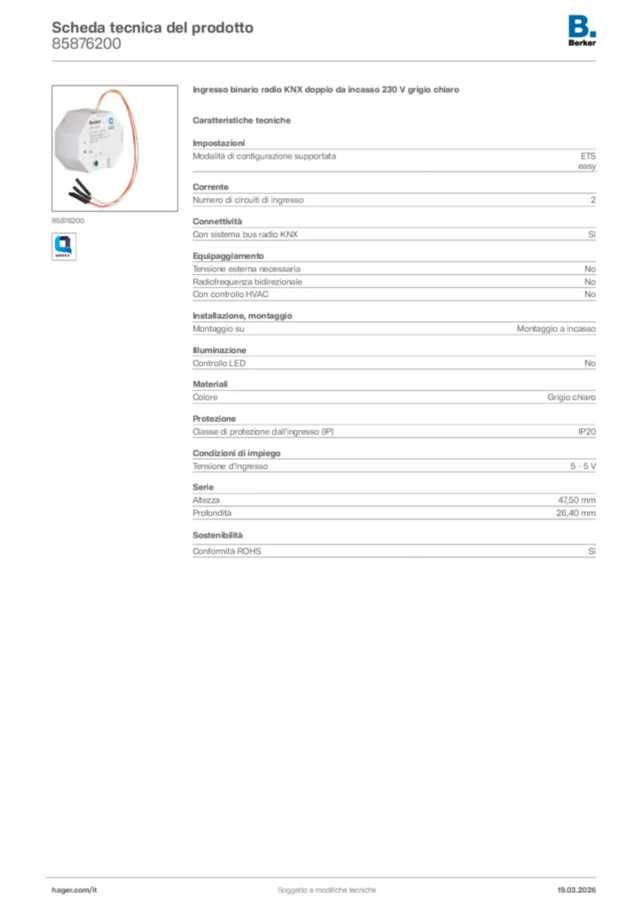 Immagine Berker Scheda tecnica del prodotto 85876200 | Hager Italia