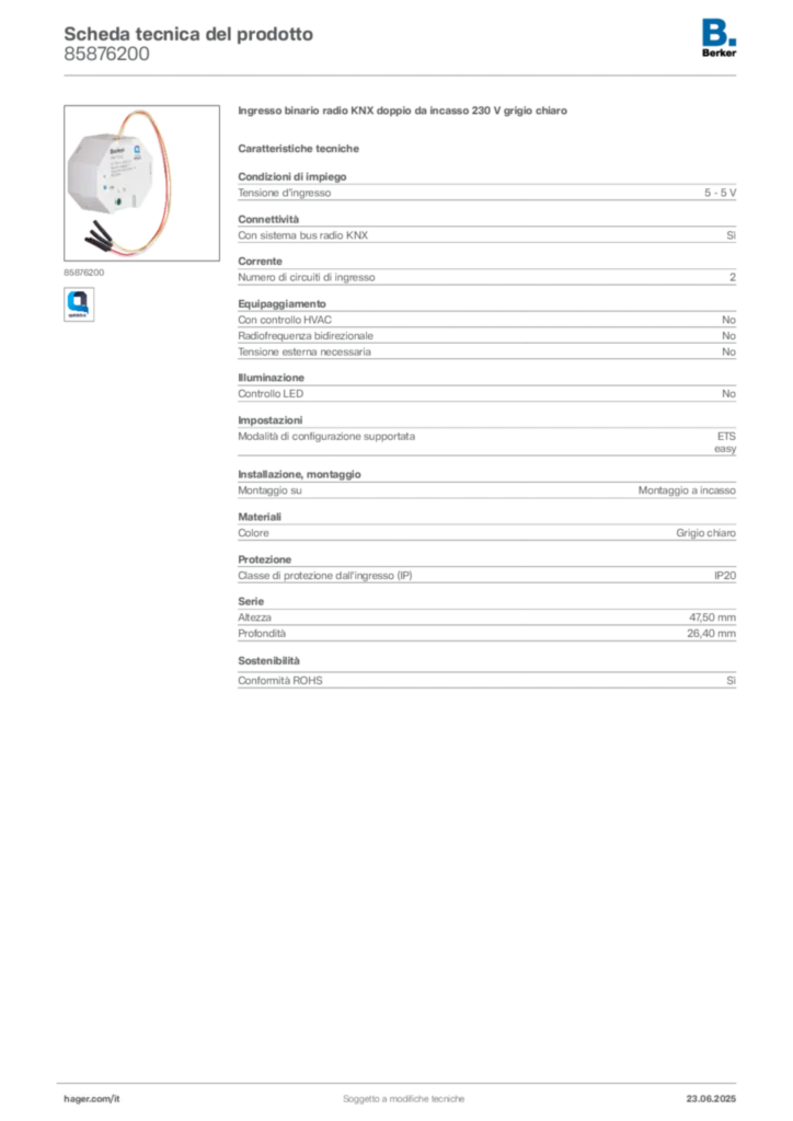 Immagine Berker Scheda tecnica del prodotto 85876200 | Hager Italia