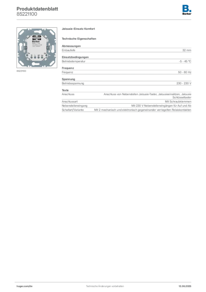 Berker Produktdatenblatt 85221100