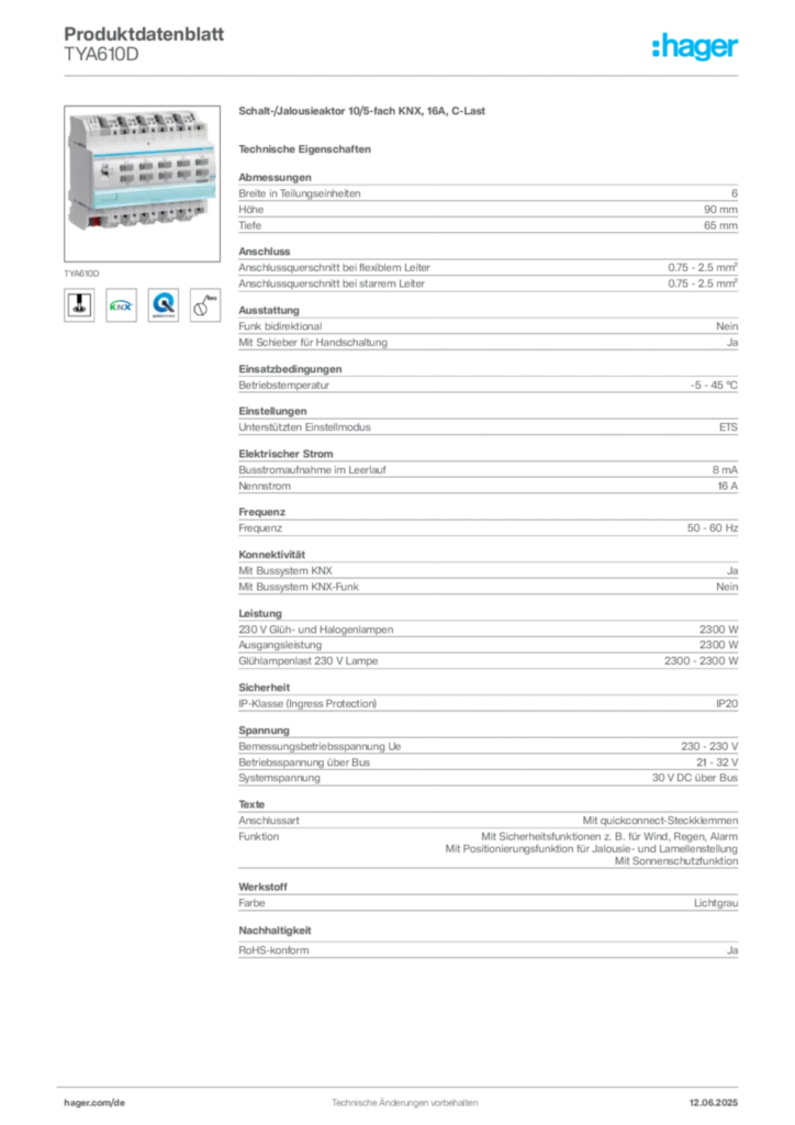 Hager Produktdatenblatt TYA610D