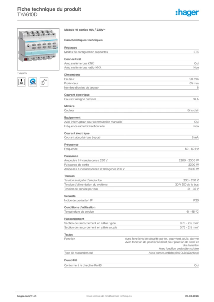 Image Hager Fiche technique du produit TYA610D | Hager Suisse