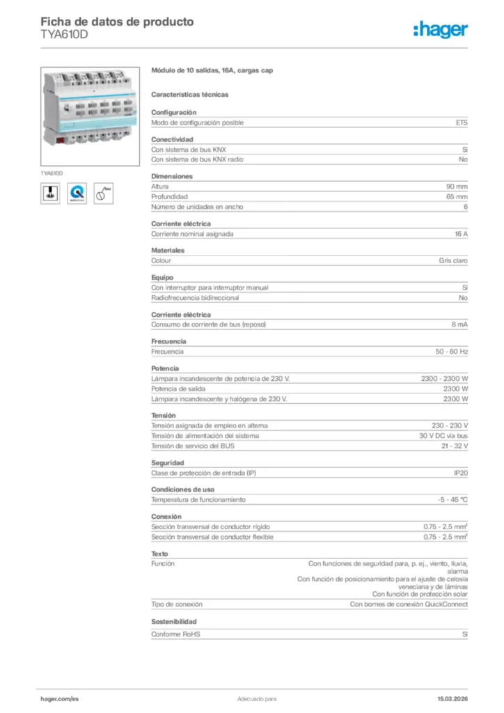 Imagen Hager Ficha de datos de producto TYA610D | Hager España