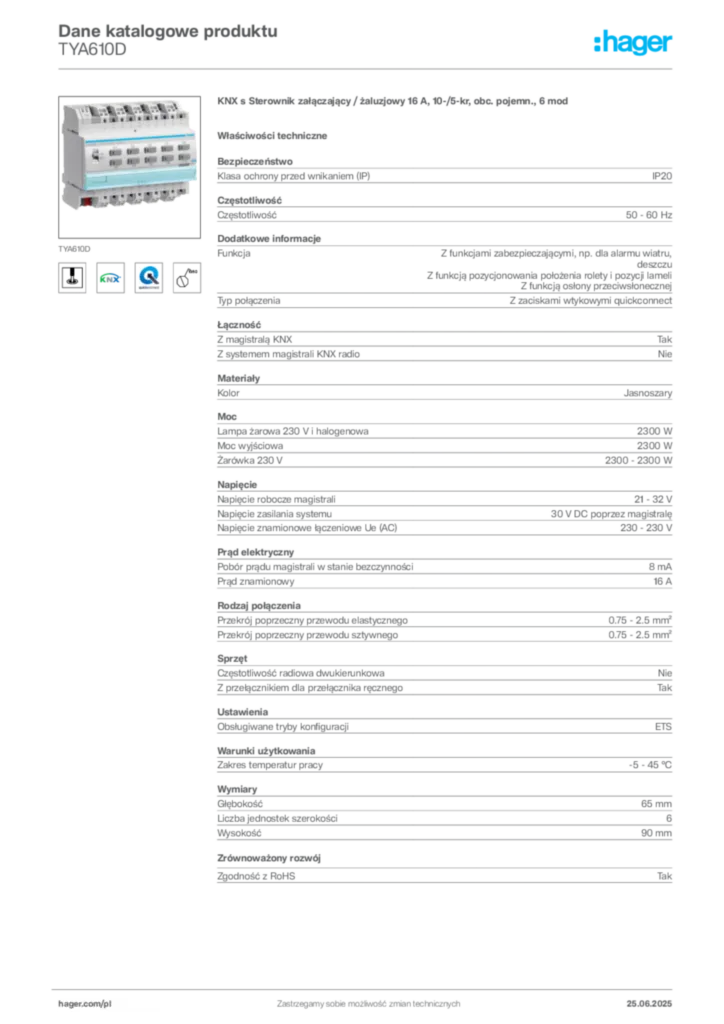 Zdjęcie Hager Dane katalogowe produktu TYA610D | Hager Polska