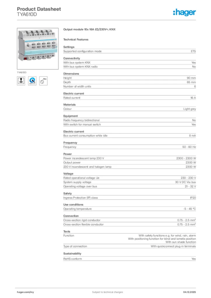 Image Hager Product data sheet TYA610D  | Hager