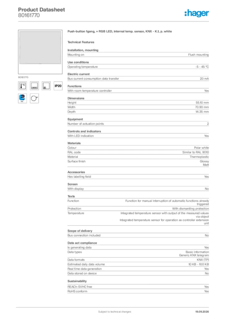 Image Hager Product data sheet 80161770  | Hager Africa