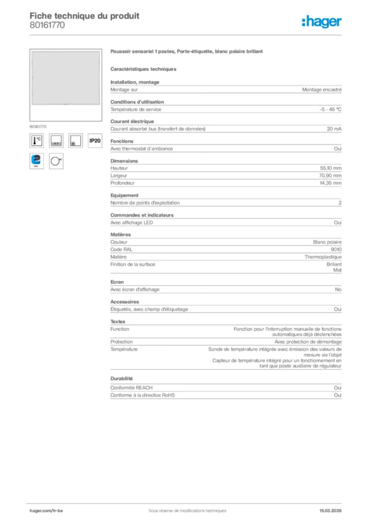 Image Hager Fiche technique du produit 80161770 | Hager Belgique
