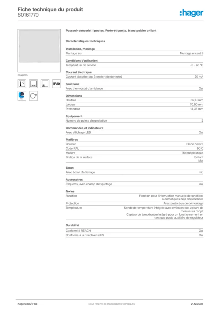 Image Hager Fiche technique du produit 80161770 | Hager Belgique