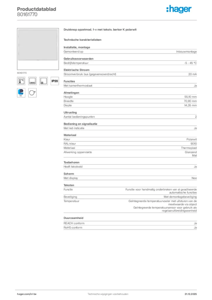 Afbeelding Hager Productdatablad 80161770 | Hager Belgium