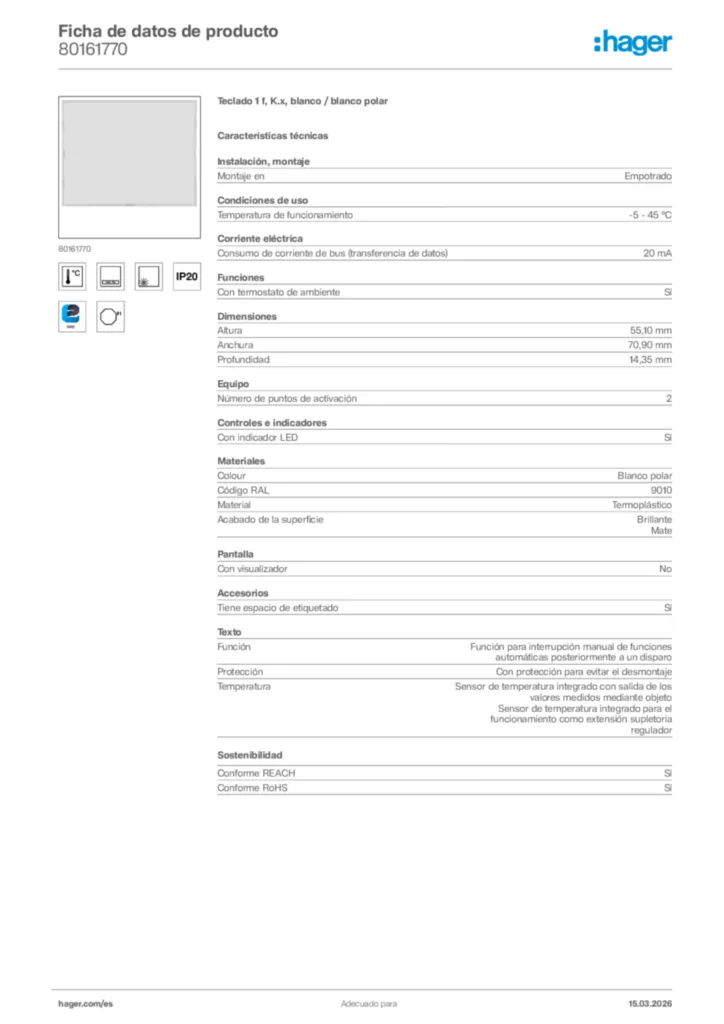 Imagen Hager Ficha de datos de producto 80161770 | Hager España