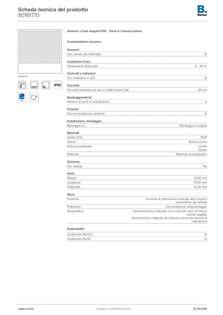 Immagine Berker Scheda tecnica del prodotto 80161770 | Hager Italia