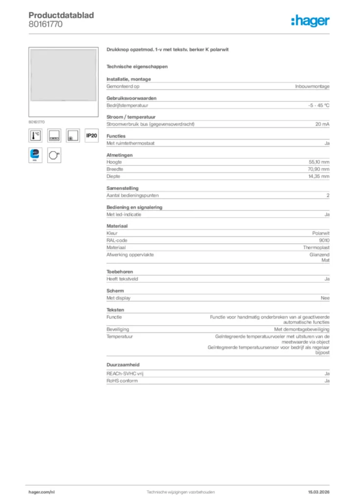 Afbeelding Hager Productdatablad 80161770 | Hager Nederland