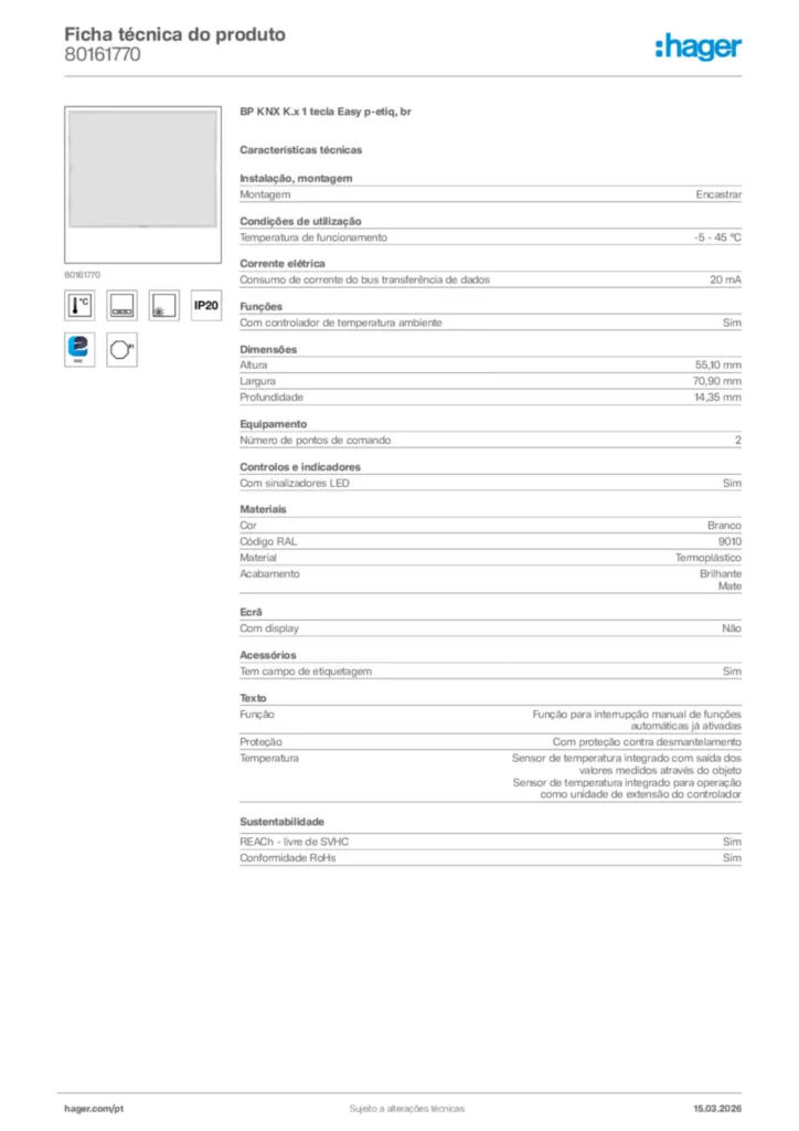 Imagem Hager Ficha técnica do produto 80161770 | Hager Portugal