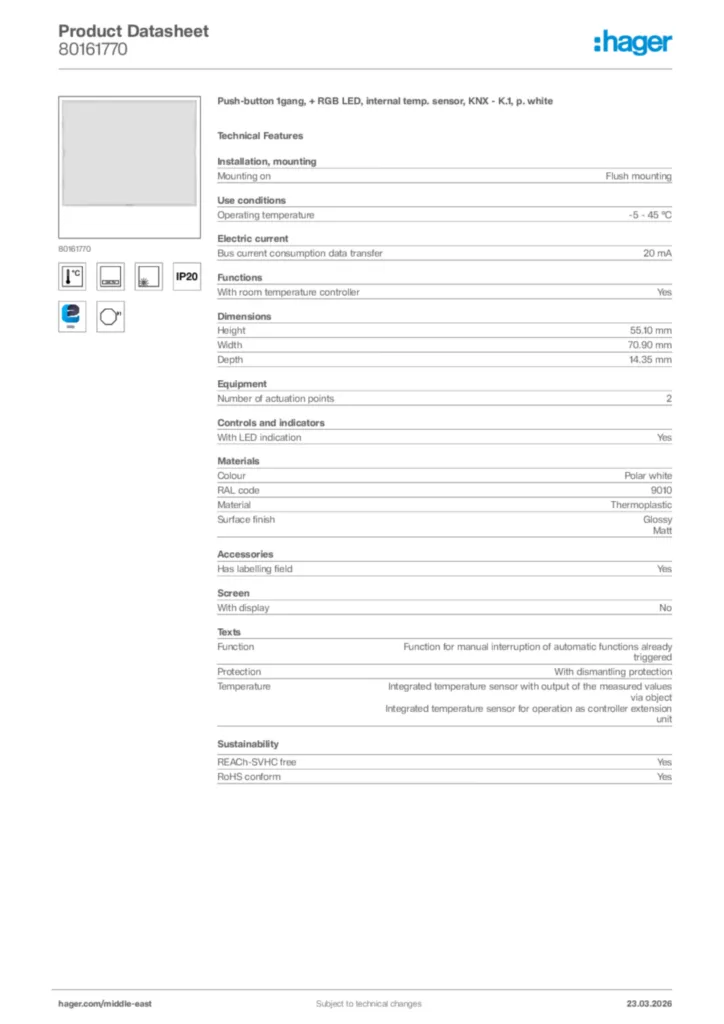 Image Hager Product data sheet 80161770  | Hager