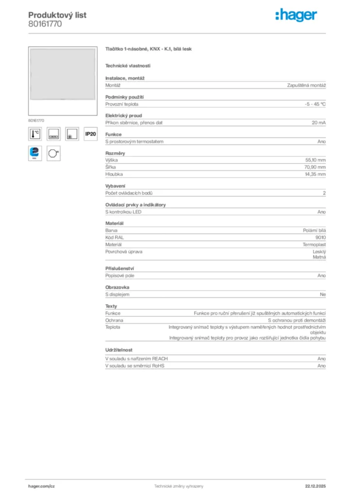 Obrázek Hager Produktový list 80161770 | Hager