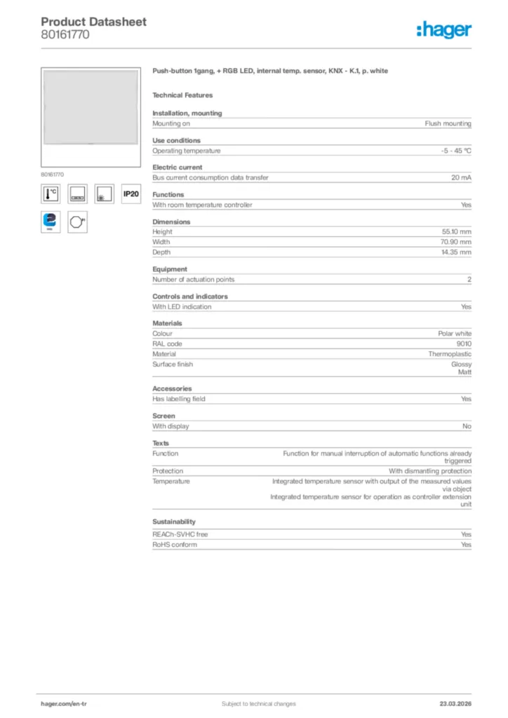 Image Hager Product data sheet 80161770  | Hager