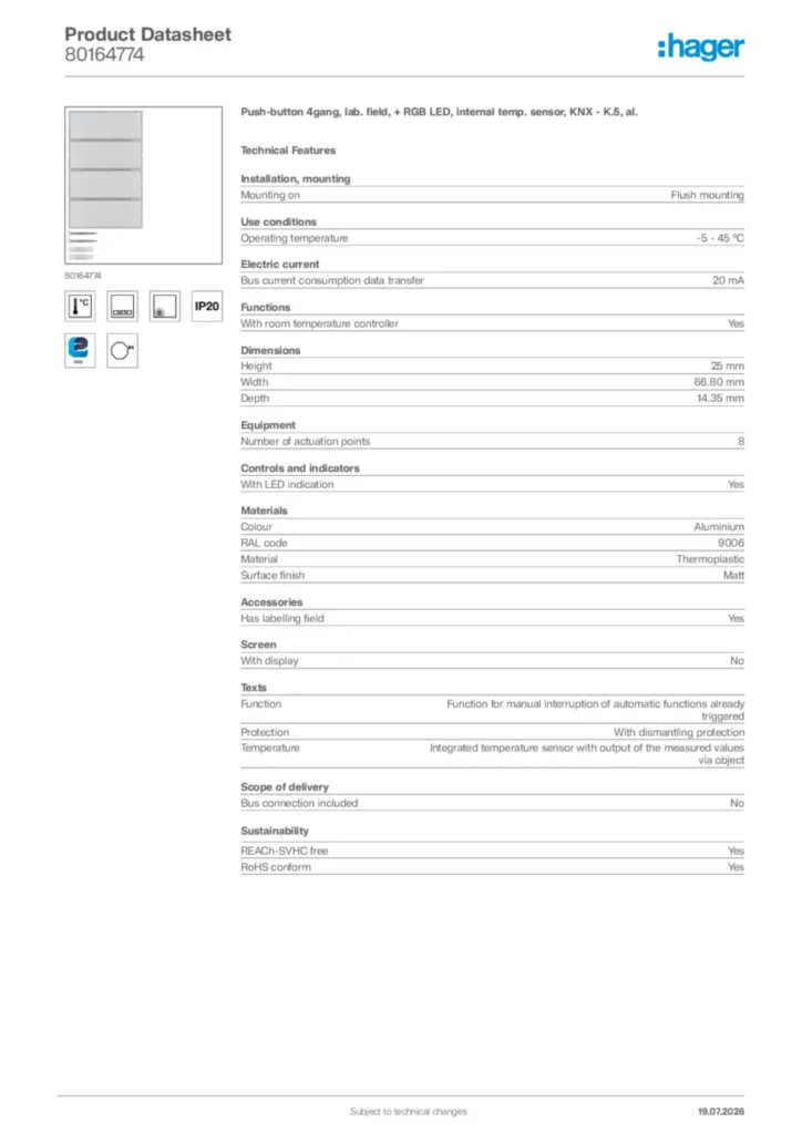 Image Hager Product data sheet 80164774  | Hager Africa