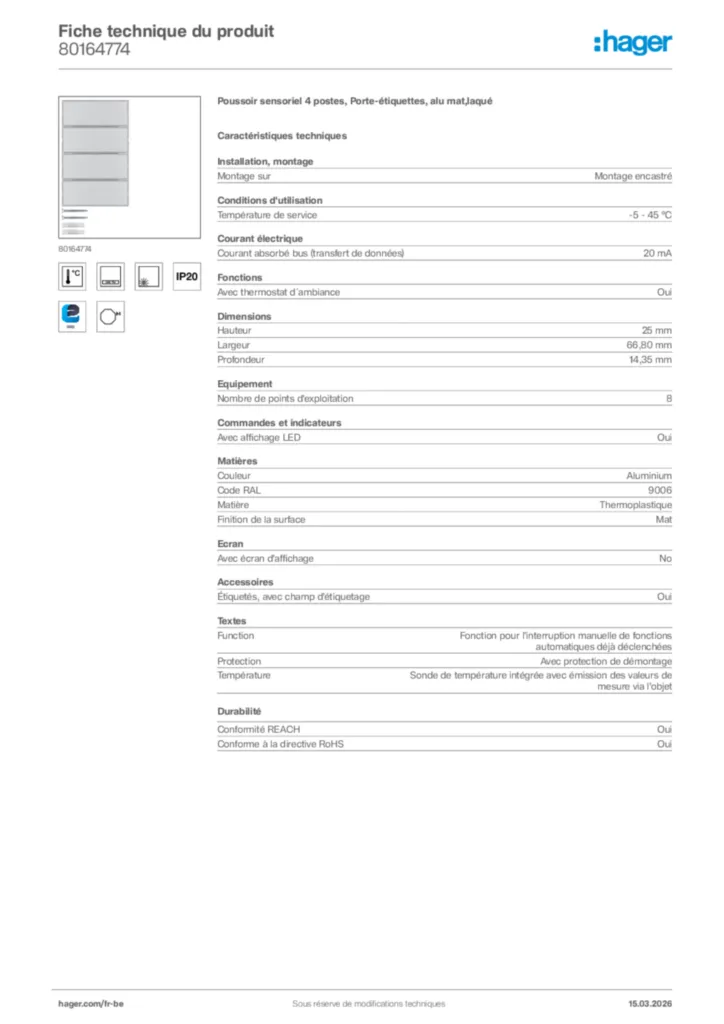 Image Hager Fiche technique du produit 80164774 | Hager Belgique