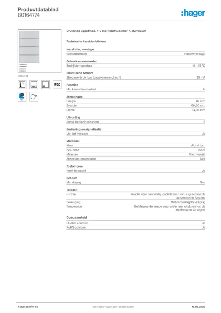 Afbeelding Hager Productdatablad 80164774 | Hager Belgium
