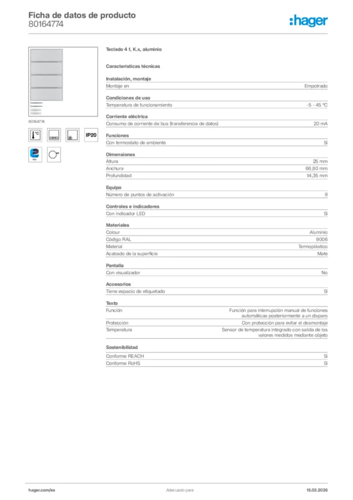 Imagen Hager Ficha de datos de producto 80164774 | Hager España