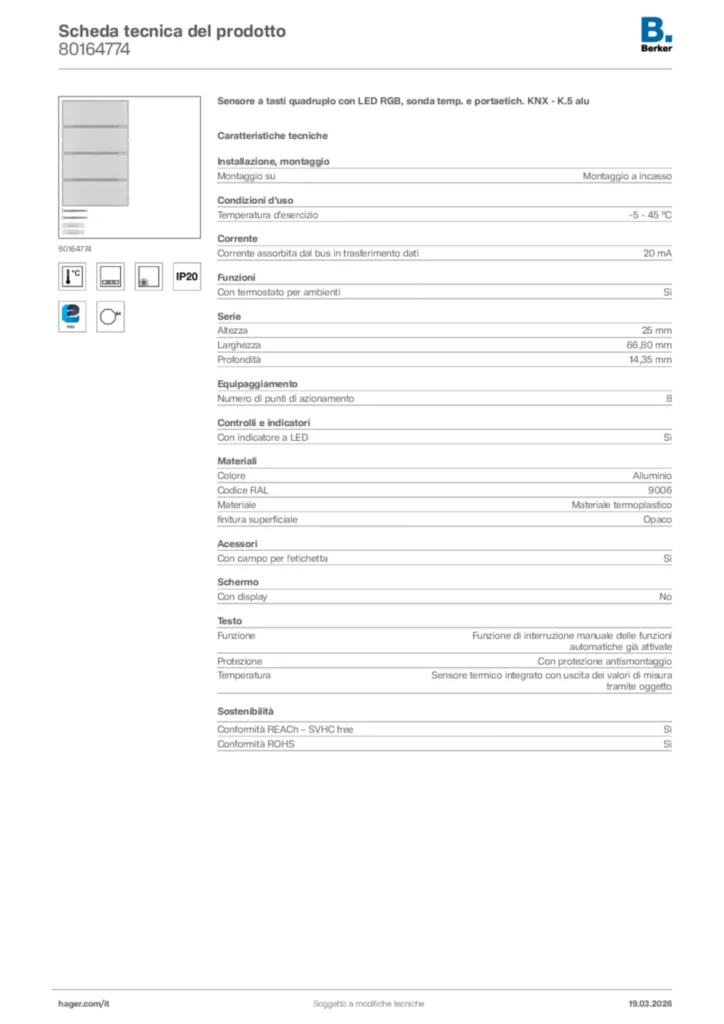 Immagine Berker Scheda tecnica del prodotto 80164774 | Hager Italia