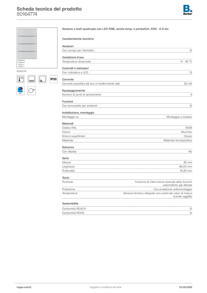 Immagine Berker Scheda tecnica del prodotto 80164774 | Hager Italia