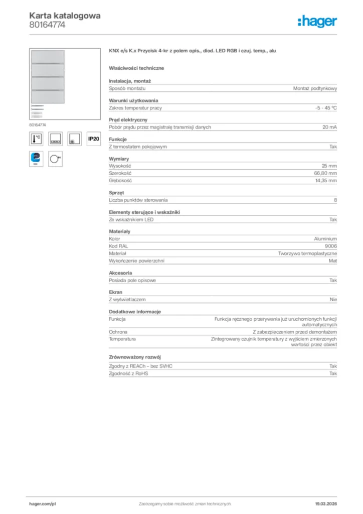 Zdjęcie Hager Karta katalogowa 80164774 | Hager Polska