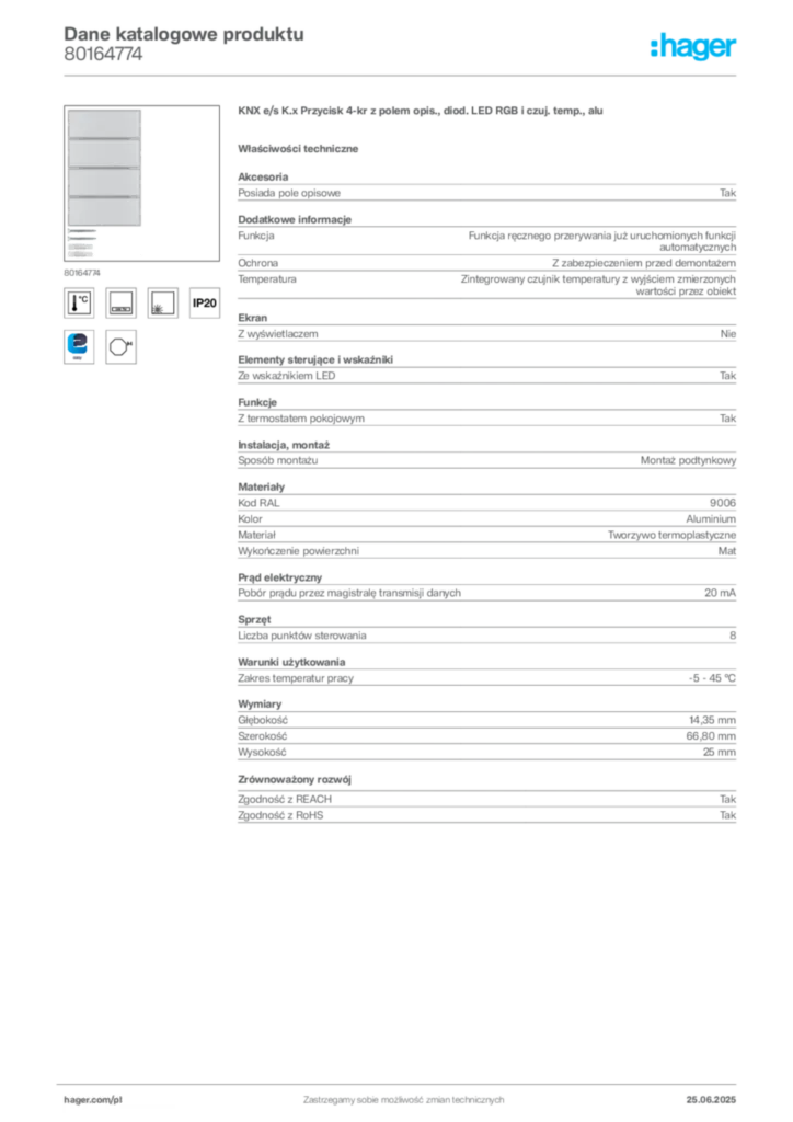 Zdjęcie Hager Dane katalogowe produktu 80164774 | Hager Polska