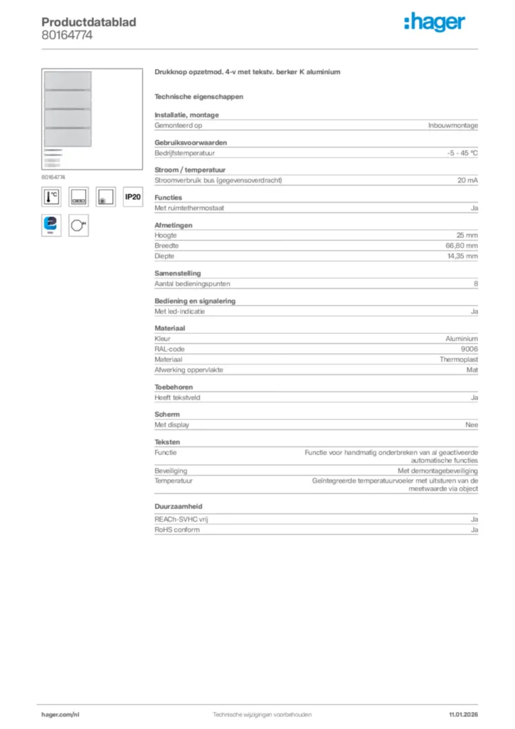 Afbeelding Hager Productdatablad 80164774 | Hager Nederland