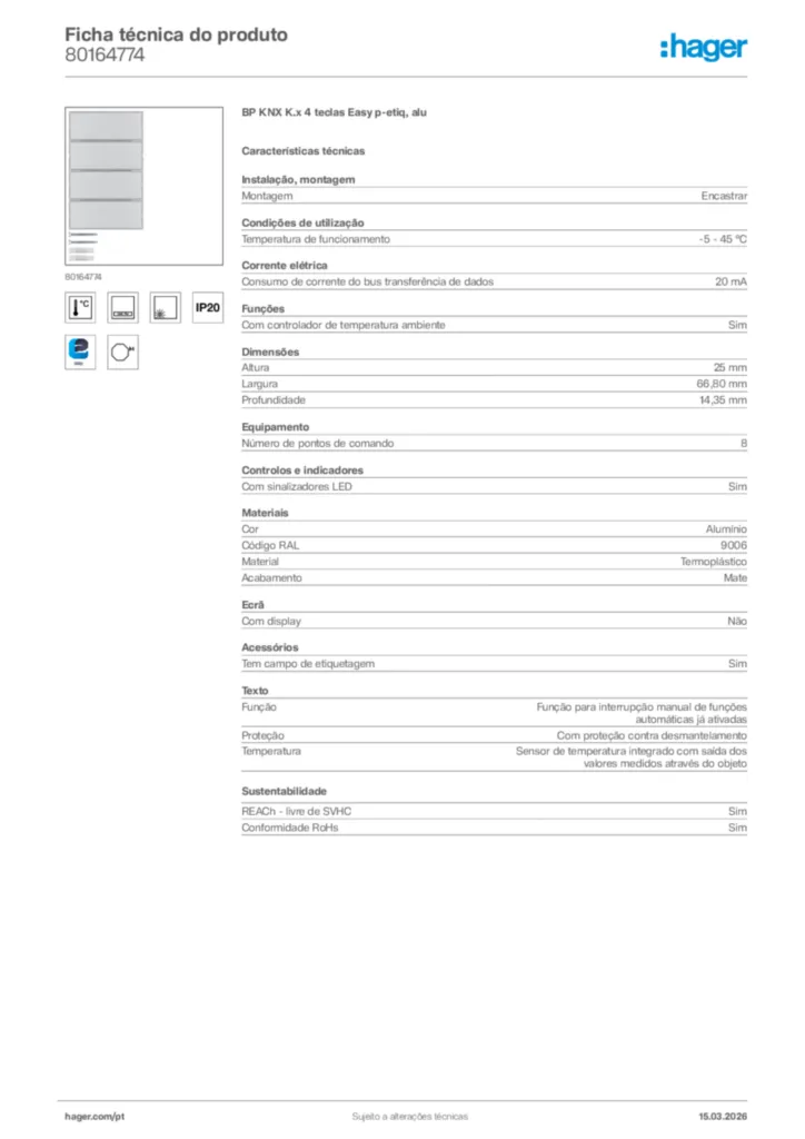 Imagem Hager Ficha técnica do produto 80164774 | Hager Portugal