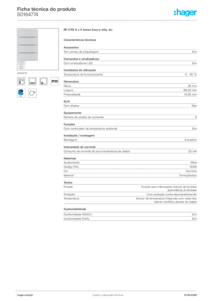 Imagem Hager Ficha técnica do produto 80164774 | Hager Portugal