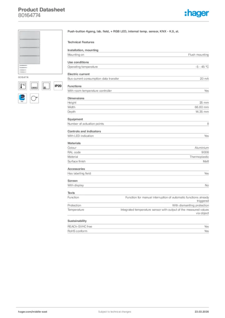 Image Hager Product data sheet 80164774  | Hager