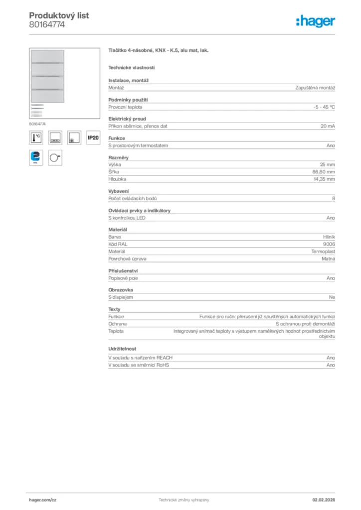 Obrázek Hager Product data sheet 80164774 | Hager