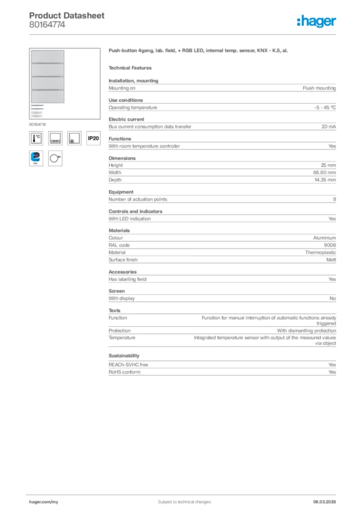 Image Hager Product data sheet 80164774  | Hager