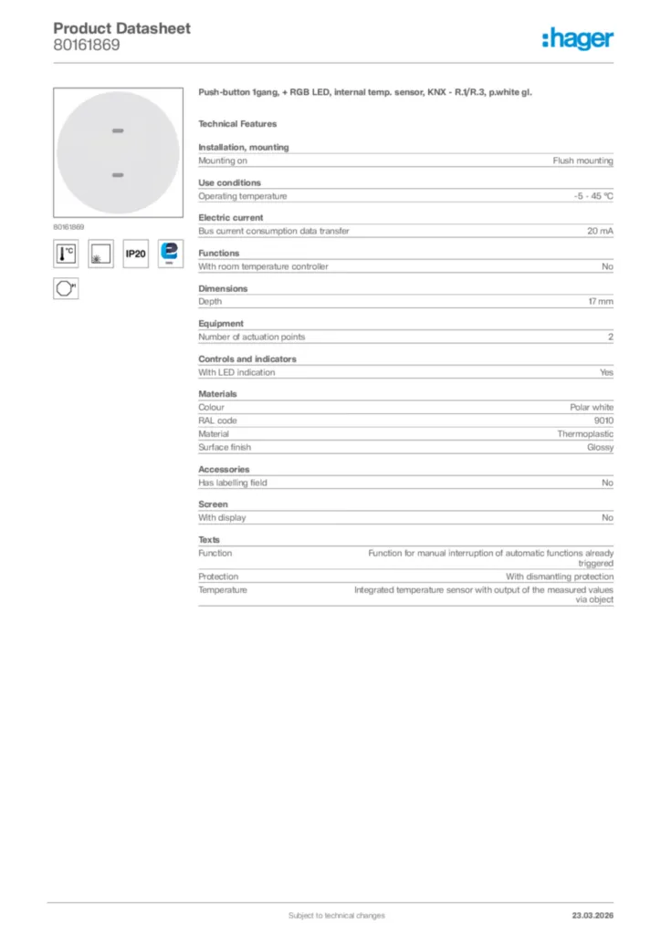 Image Hager Product data sheet 80161869  | Hager Africa