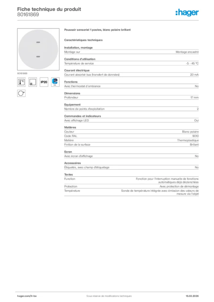 Image Hager Fiche technique du produit 80161869 | Hager Belgique