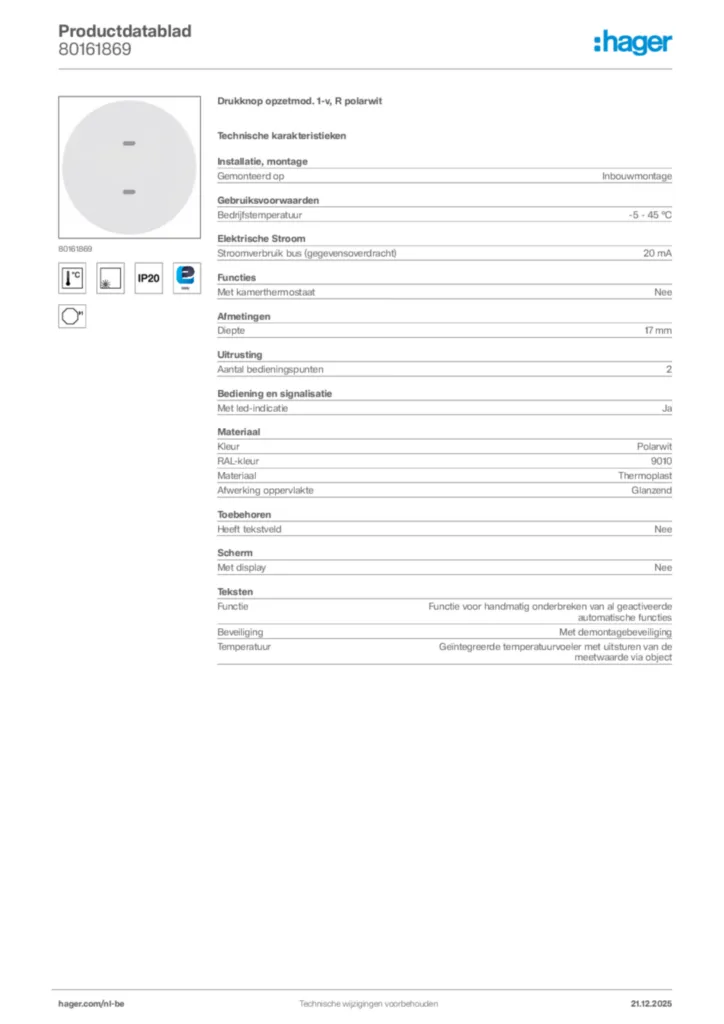 Afbeelding Hager Productdatablad 80161869 | Hager Belgium