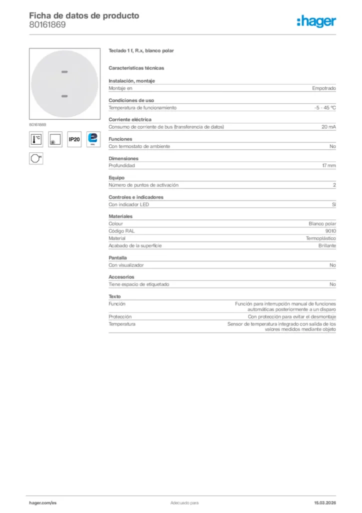 Imagen Hager Ficha de datos de producto 80161869 | Hager España