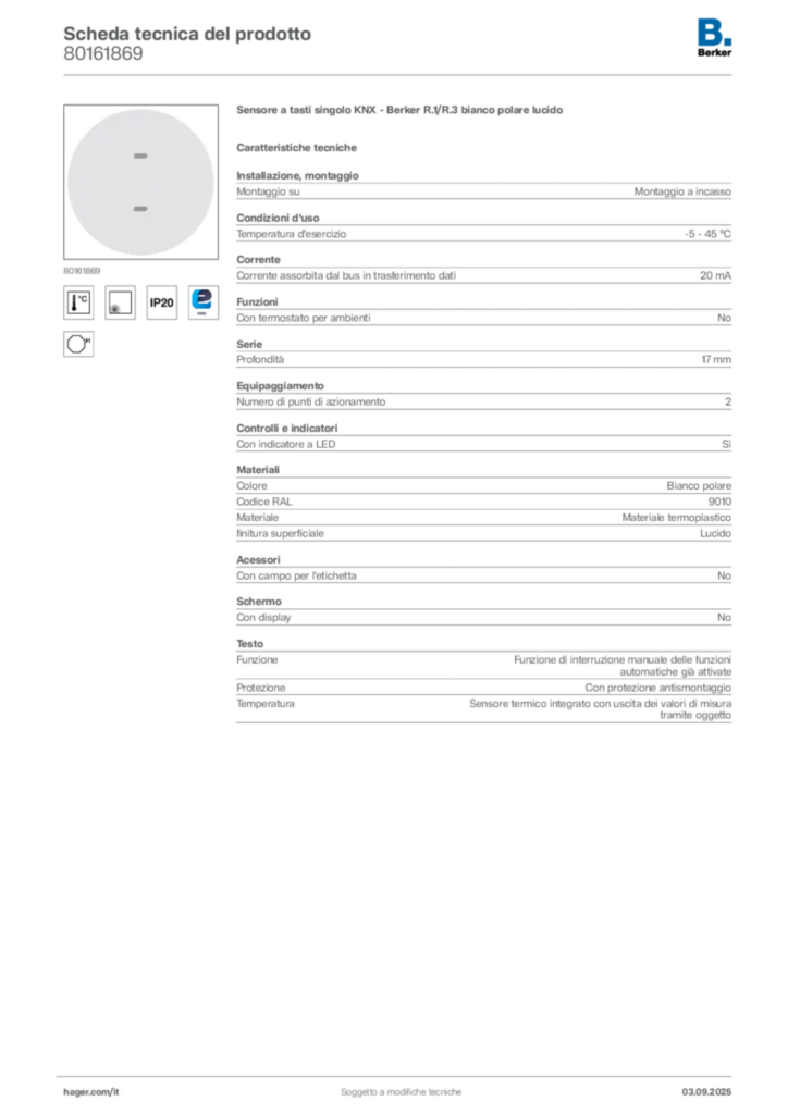 Immagine Berker Scheda tecnica del prodotto 80161869 | Hager Italia