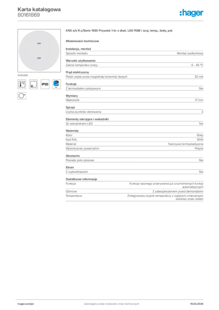 Zdjęcie Hager Karta katalogowa 80161869 | Hager Polska
