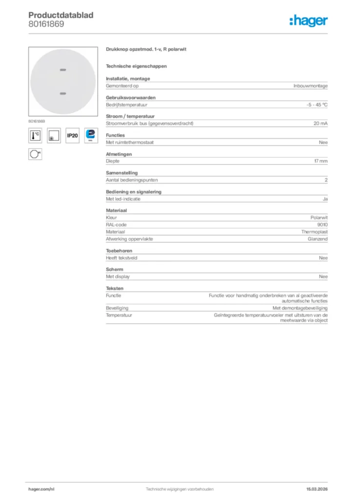 Afbeelding Hager Productdatablad 80161869 | Hager Nederland