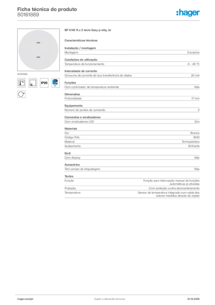 Imagem Hager Ficha técnica do produto 80161869 | Hager Portugal
