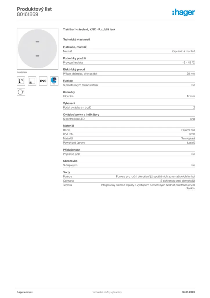 Obrázek Hager Product data sheet 80161869 | Hager