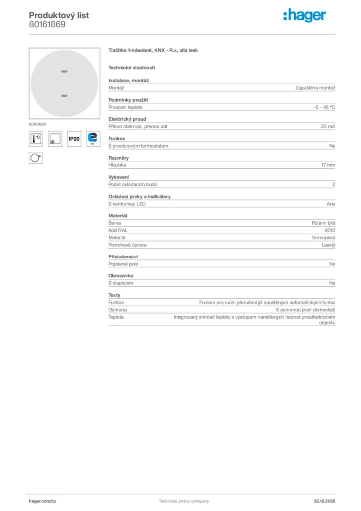 Obrázek Hager Produktový list 80161869 | Hager