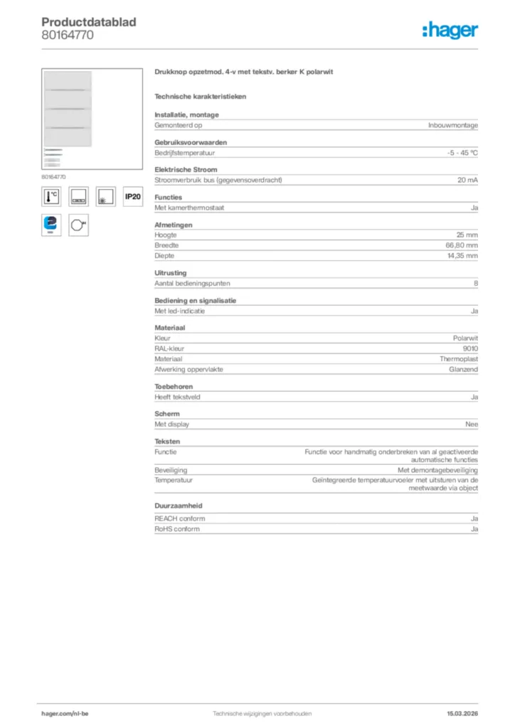 Afbeelding Hager Productdatablad 80164770 | Hager Belgium