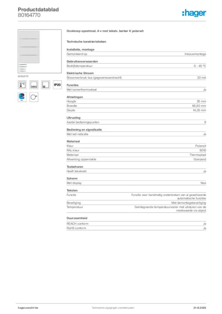 Afbeelding Hager Productdatablad 80164770 | Hager Belgium
