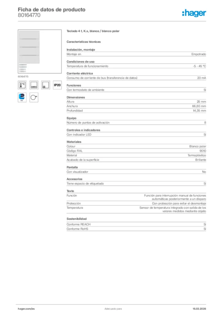 Imagen Hager Ficha de datos de producto 80164770 | Hager España