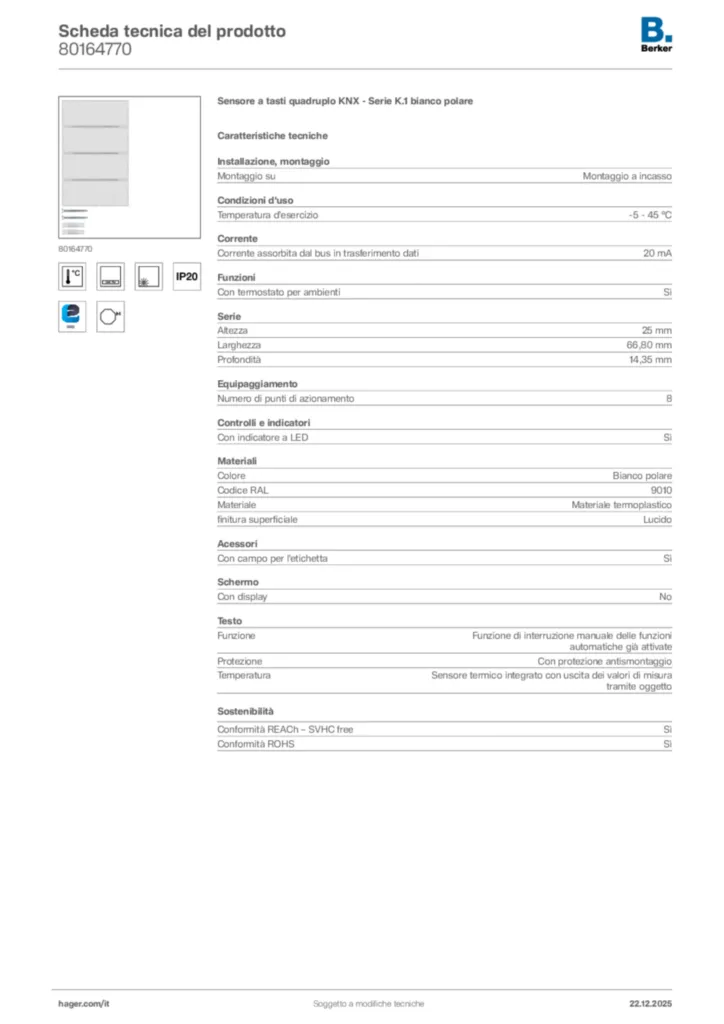 Immagine Berker Scheda tecnica del prodotto 80164770 | Hager Italia